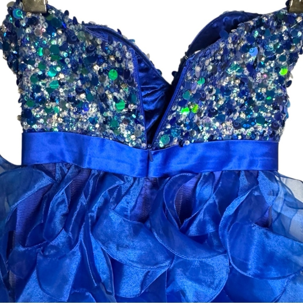 Sherri Hill Royal Blue Strapless Beaded Ruffle Hi-Low Gown Dress Size 6 - Picture 3 of 5